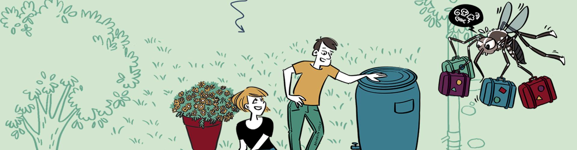 Dessin d'un moustique tigre qui veut s'installer dans un jardin